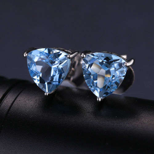Earrings - Beautiful 2ct Natural Sky Blue Topaz  6x6mmTriangle Studs .925 Silver