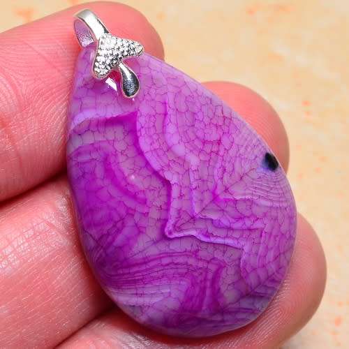 PENDANT~100% SOLID 925 SILVER PINK MADAGASCAR DRAGON VEINS AGATE GEMSTONE PENDANT