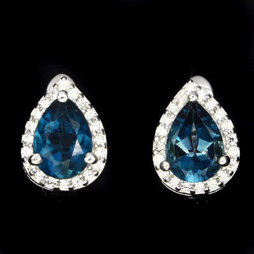 Earrings~ Elegant 7x5mm Top London Blue Topaz Aaa White Cz 925 Sterling Silver Earrings