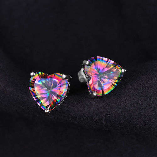 EARRINGS~Genuine Mystic Rainbow Topaz Heart Earrings Stud 925 Sterling Silver Pear