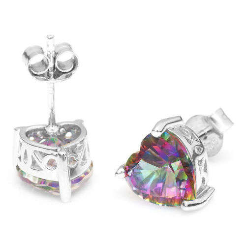 EARRINGS~Genuine Mystic Rainbow Topaz Heart Earrings Stud 925 Sterling Silver Pear