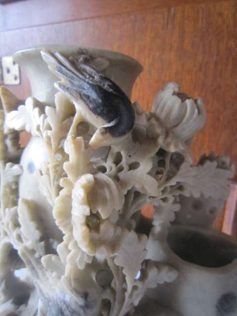 STUNNING ORIENTAL DOUBLE SOAPSTONE VASE WITH RELIEF CARVING  ITEM NO 2159