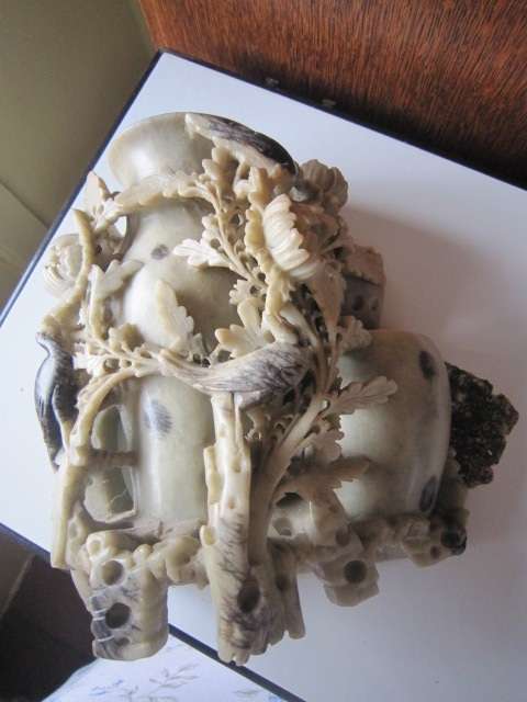 STUNNING ORIENTAL DOUBLE SOAPSTONE VASE WITH RELIEF CARVING  ITEM NO 2159