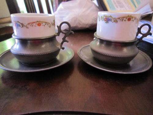 Dutch Pewter cups & saucers with porcelain inners