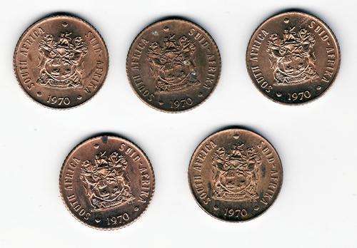 5 Nice 1970 RSA A-UNC Half Cent Full Lustre