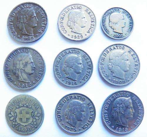 Switzerland 9 Coins from 1850 to 1939