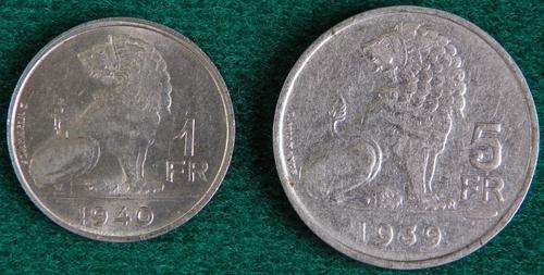 Almost Very Rare Belgium 1939 5 Franc Star Dutch and 1940 2 Franc