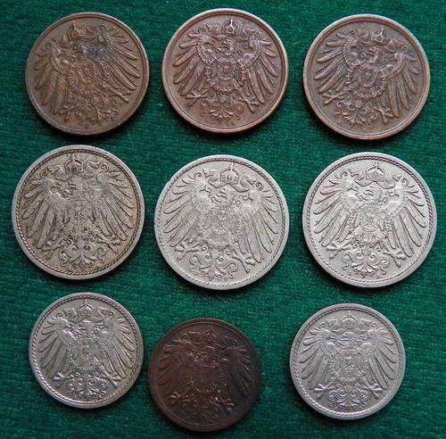 German Empire 9 Coins from 1906 to 1914