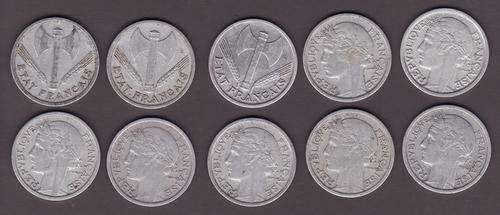 France 10 Different Aluminum 1 Franc Coins from the 1940s and 50s