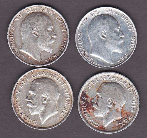 Great Britain 1906, 1910, 1911 & 1914 1 Shillings .925 Silver Polished