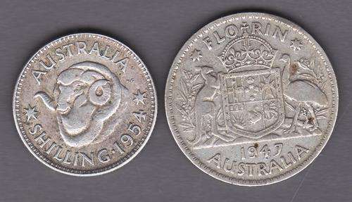 Australia 1947 Florin and 1954 1 Shilling Coins .50 Silver CCW 16.7g