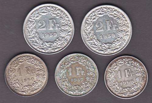 Switzerland 2 x 1959 2 Francs & 1957 and 2 x 1960 1 Franc Coins .835 Silver 34.8 g
