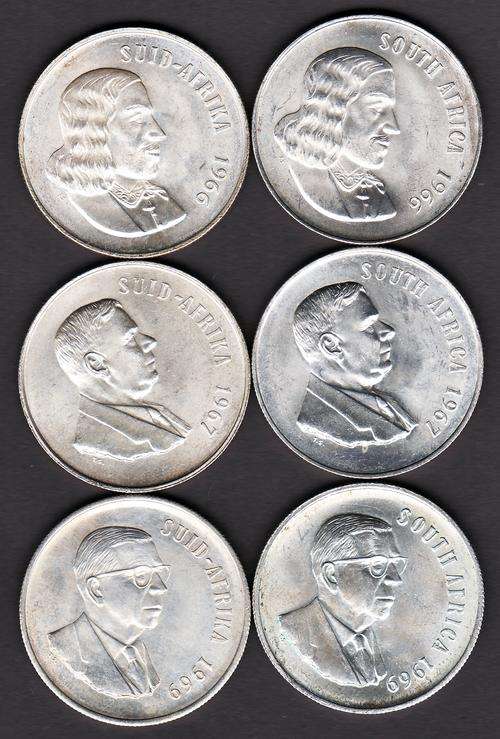 RSA 1966, 1967 & 1969 English & Afrikaans R1 Coins .80 Silver Combined Coin Weight 90 Grams