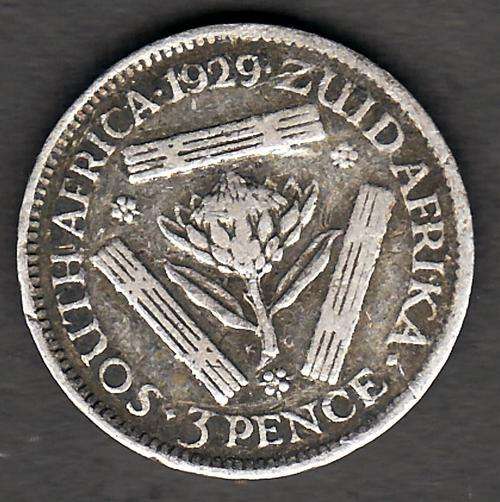 South African Union 1929 3 Pence. 80% Silver