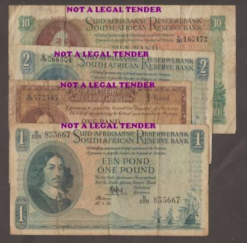 SOUTH AFRICA MH de KOCK ONE POUND BANKNOTE G RISSIK ONE Rand, TWO Rand and TEN RAND BANKNOTES