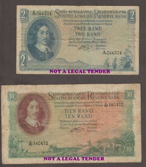 SOUTH AFRICA MH de KOCK ONE POUND BANKNOTE G RISSIK ONE Rand, TWO Rand and TEN RAND BANKNOTES