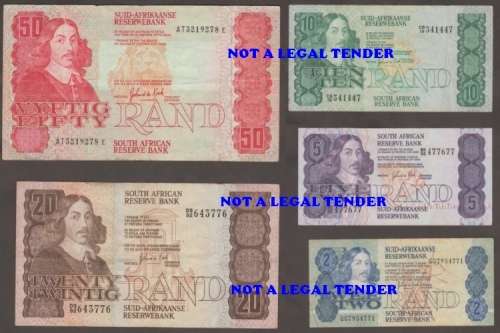 SOUTH AFRICA GPC de KOCK R 2, R 5, R 10. R 20 and R 50 BANKNOTE SET