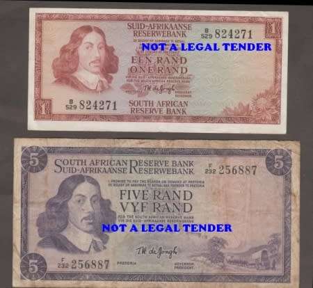 SOUTH AFRICA TW de JONGH R1, R 2, R 5 and R 10 BANKNOTE LOT BOTH WATERMARKS