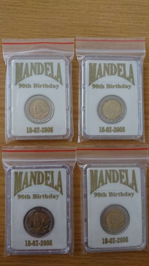 4 X UNC Mandela 2008 Birthday R5 Coins in Coin Holders. Bid Per Coin