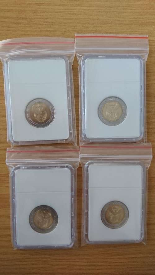 4 X UNC Mandela 2008 Birthday R5 Coins in Coin Holders. Bid Per Coin