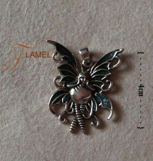 STERLING SILVER PENDANT FAIRY WITH GREEN WINGS