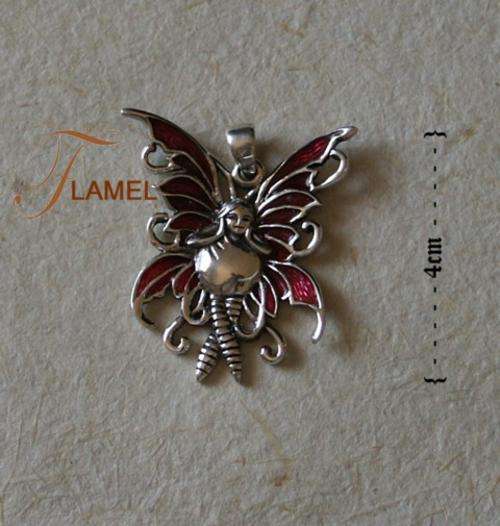 STERLING SILVER PENDANT FAIRY WITH RED WINGS