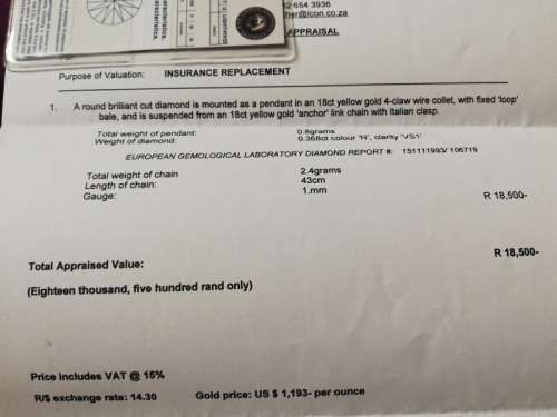 0.368 carat diamond pendant [certified] on 18 carat gold chain