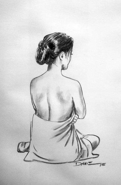 "Bath Time", charcoal drawing by Danie Cronje, unframed