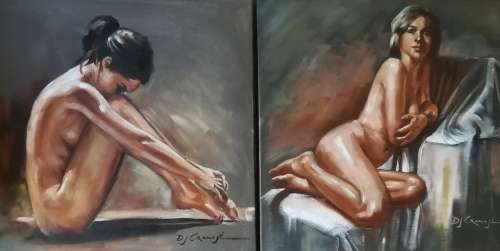 Nude Twins, oil paintings by Danie Cronje, stretched canvas, ready to hang. Buy one, get one free!