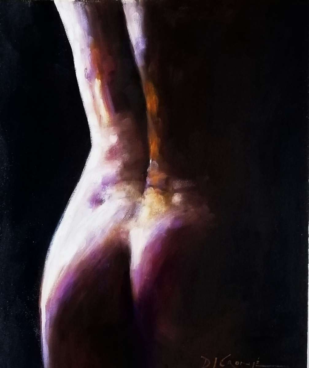 Rear nude, oil painting by Danie Cronje on blocked canvas