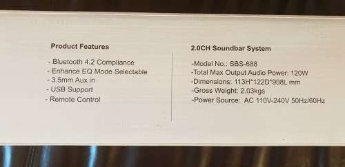 Sinotec SBS688 2 channel Soundbar