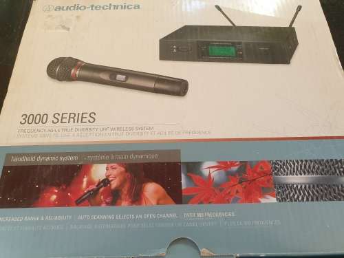 Audio Technica 3000 series cordless handheld microphone and receiver in box