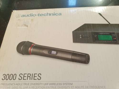 Audio Technica 3000 series cordless handheld microphone and receiver in box