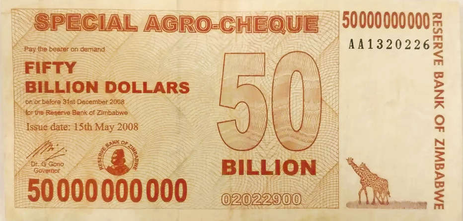 Zimbabwe 50 Billion Dollars - Special Agro-Cheque 2008 / circulated