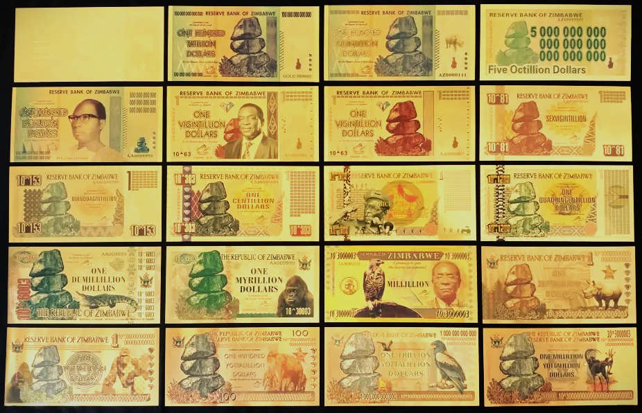 Zimbabwe Dollars 2008 - Memorabilia - 24K Gold set of 20 notes + 2 free (value order Left to R)