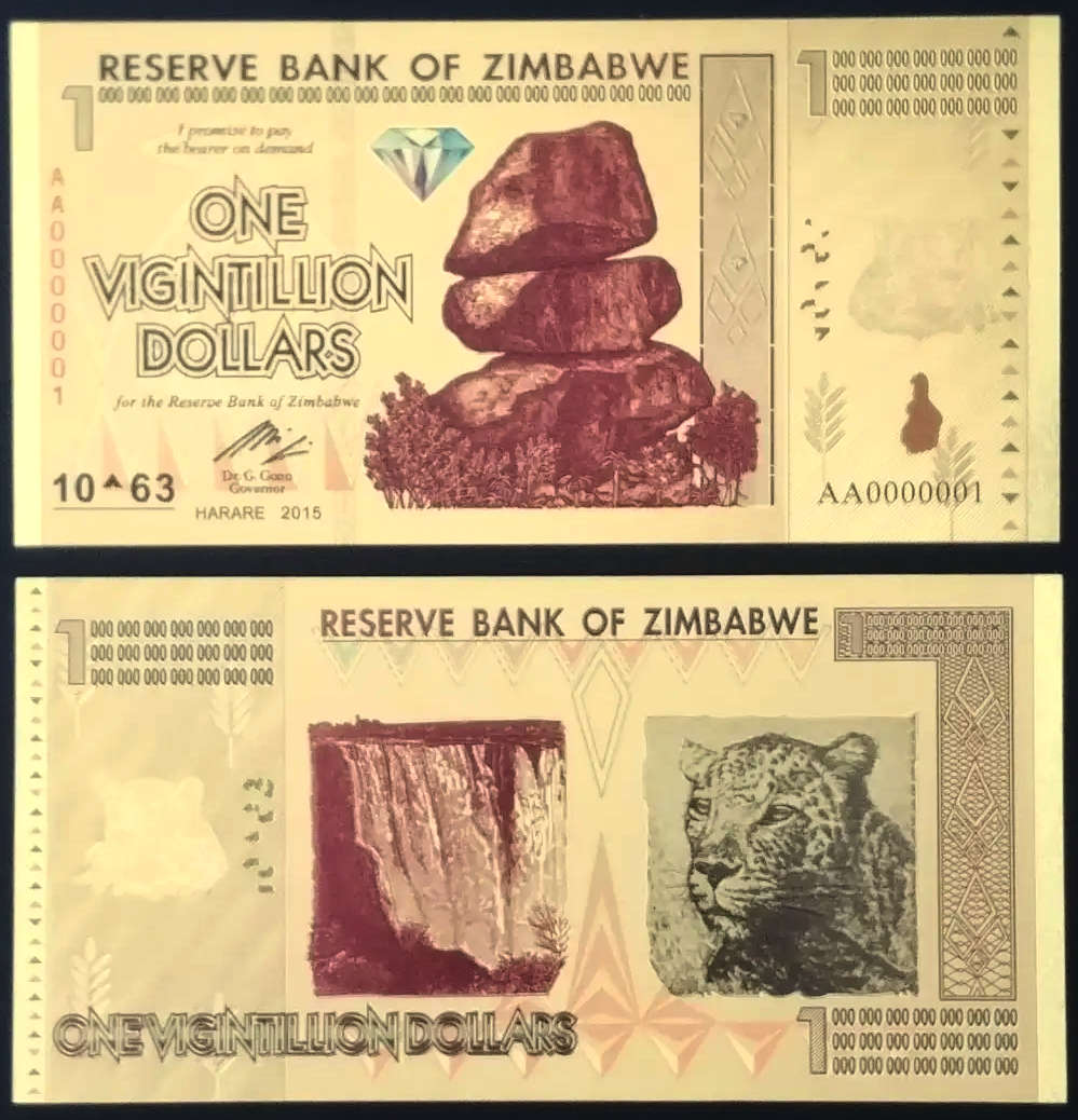 Zimbabwe One Vigintillion 10`63 Dollars - Memorabilia - 24 Carat Gold