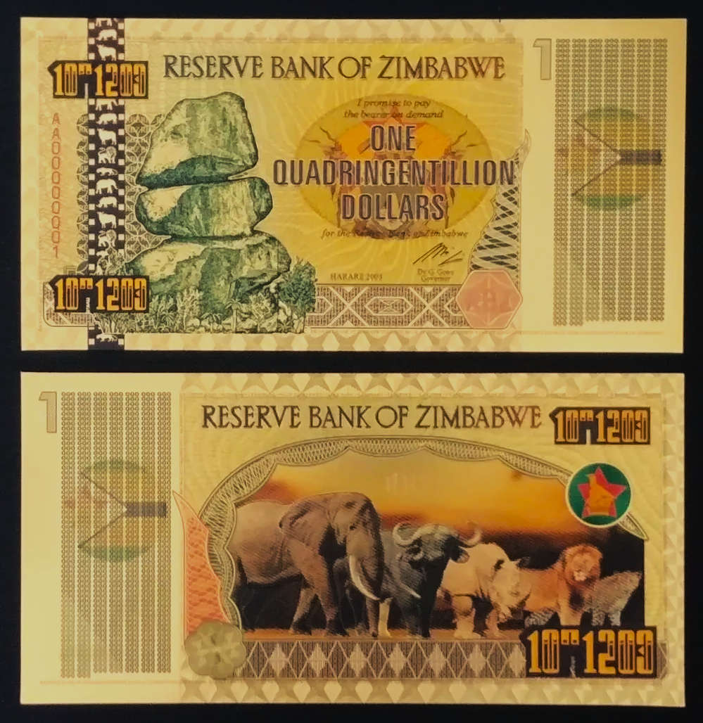 Zimbabwe One Quadringentillion Dollars 10`1200 - Memorabilia - 24 Carat Gold