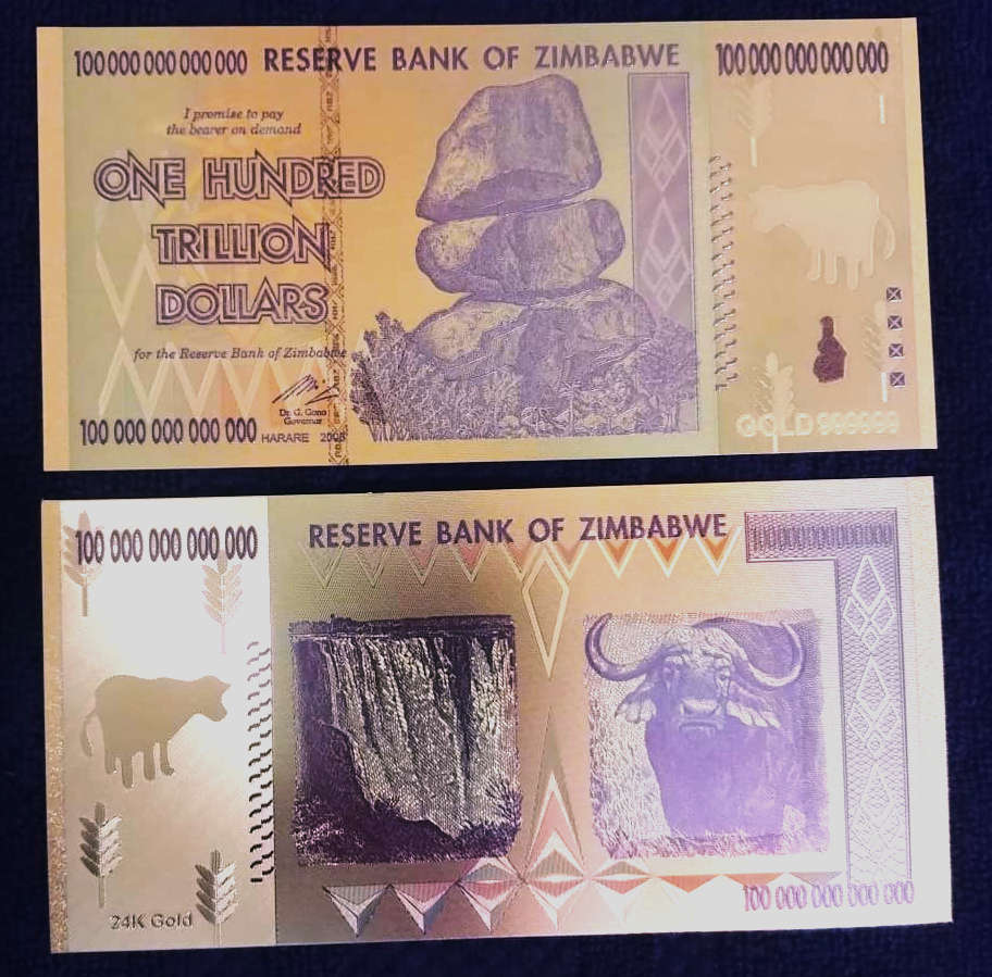 Zimbabwe One Hundred Trillion Dollars 2008 - 24 Carat Gold Plated - Memorabilia Only - New