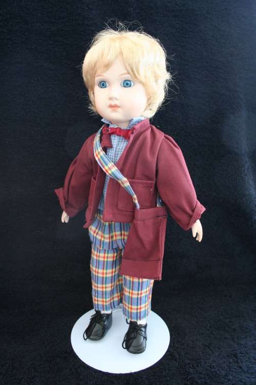 PORCELAIN BOY/GIRL  DOLL--FULLY DRESSED WITH STAND