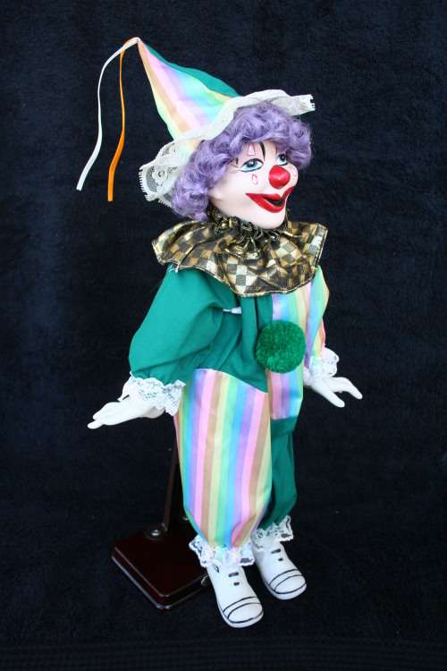 PORCELAIN CLOWN DOLL -- FULLY DRESSED WITH STAND