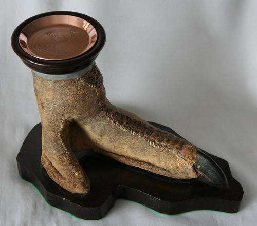 VINTAGE OSTRICH FOOT ASHTRAY ON WOODEN STAND