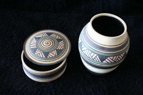 SET OF TWO DECORATED STONEWARE POTTERY CONTAINERS--MATCHING