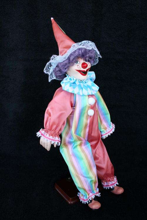 PORCELAIN CLOWN DOLL--FULLY DRESSED WITH STAND