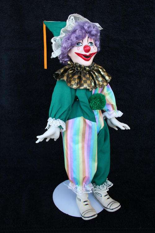 PORCELAIN CLOWN DOLL--FULLY DRESSED WITH STAND