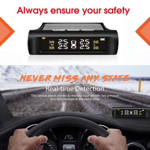 Solar-Powered Tire Pressure Monitoring System With 4 External Sensor Displays, Suitable For Cars