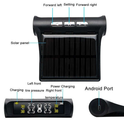 Solar-Powered Tire Pressure Monitoring System With 4 External Sensor Displays, Suitable For Cars