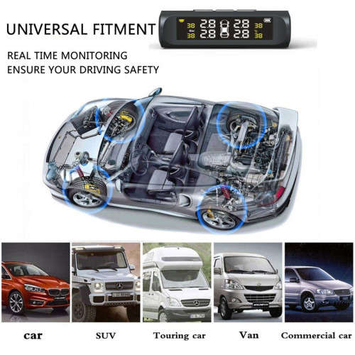 Solar-Powered Tire Pressure Monitoring System With 4 External Sensor Displays, Suitable For Cars
