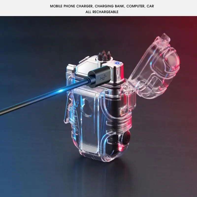USB Rechargeable Windproof Lighter Hook Flashlight Transparent Waterproof
