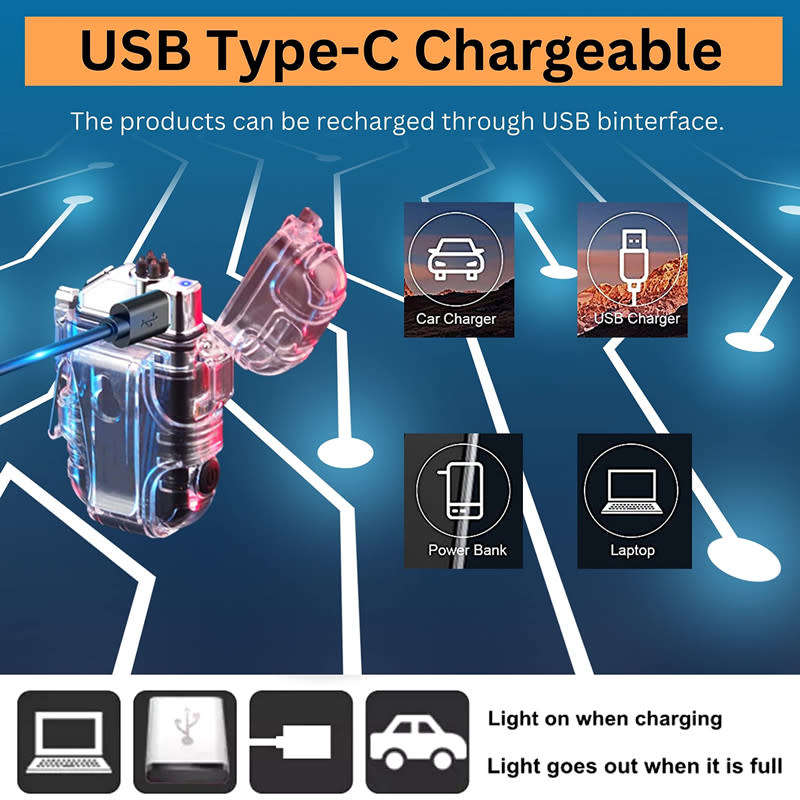 USB Rechargeable Windproof Lighter Hook Flashlight Transparent Waterproof