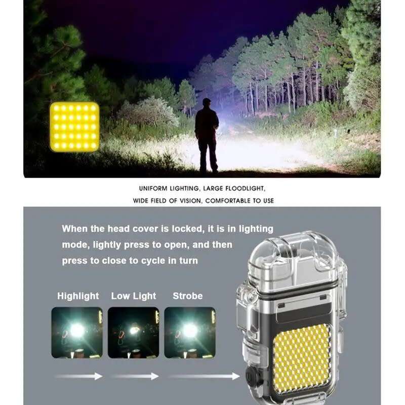 USB Rechargeable Windproof Lighter Hook Flashlight Transparent Waterproof